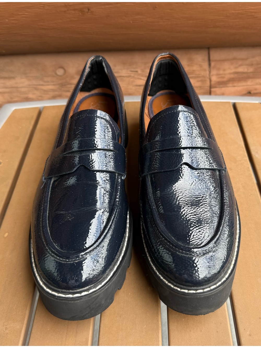 Franco Sarto Navy Patent Chunky Lug Sole Penny Loafers Women’s 11W - Picture 3 of 8